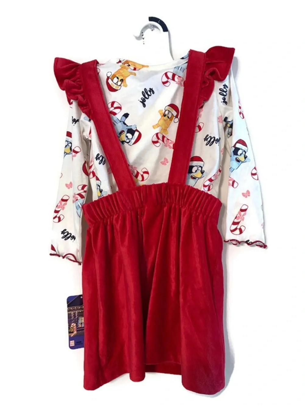 NWT BLUEY Red Corduroy Jumper Ruffle Dress 2 pc Outfit Girl’s Size 3T Pinafore